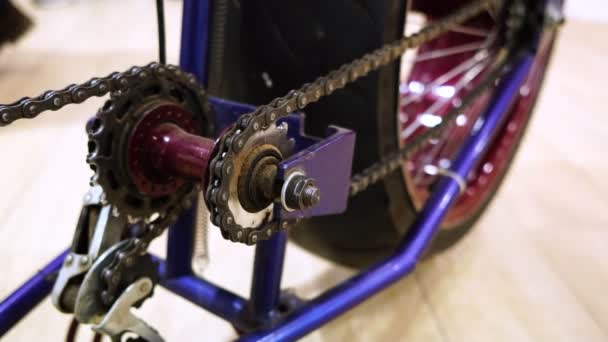 A Bicycle with a large rear wheel, drive system chain closeup — Stock Video