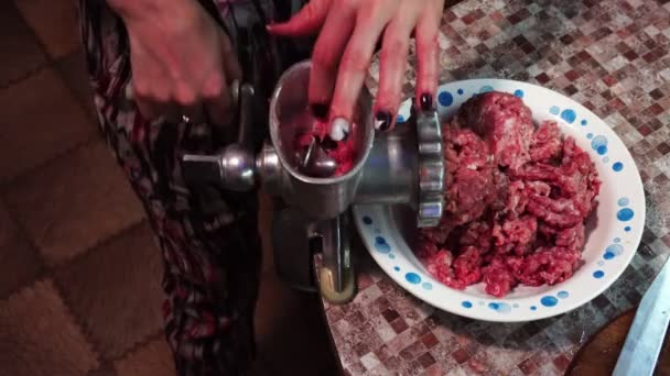 Женщина делает фарш в ручной мельнице — стоковое видео