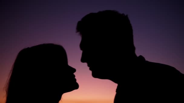 Sylwetki profili głów całujących miłośników zachodu słońca — Wideo stockowe
