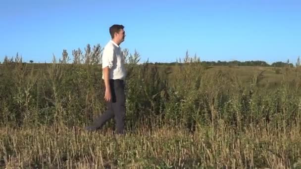 Fehér inges férfi zöld mezőn sétál, és megérinti a füvet. — Stock videók