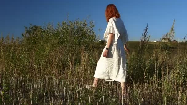 Giovane donna cammina attraverso il campo verde — Video Stock