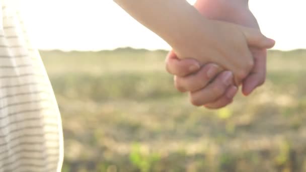 Мужчина и женщина держатся за руки и медленно уходят — стоковое видео