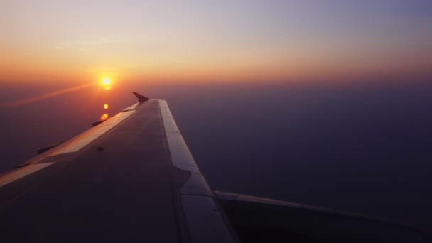 L'avion vole haut dans le ciel pendant que le soleil se couche — Video