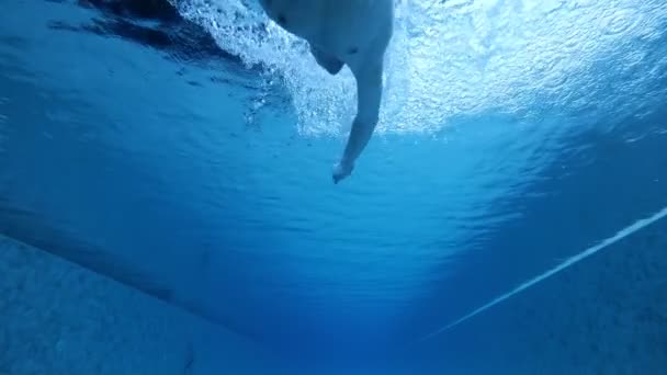 Jovem nada de uma maneira em águas cristalinas da piscina estilo livre — Vídeo de Stock