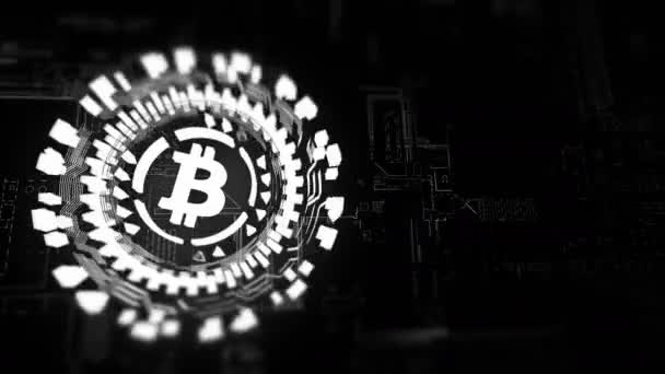 Zilveren cirkelvormige hologram roterende bitcoin teken — Stockvideo