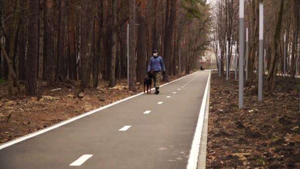 隔離時代の無人公園と医療用マスクの所有者が犬を歩く — ストック動画