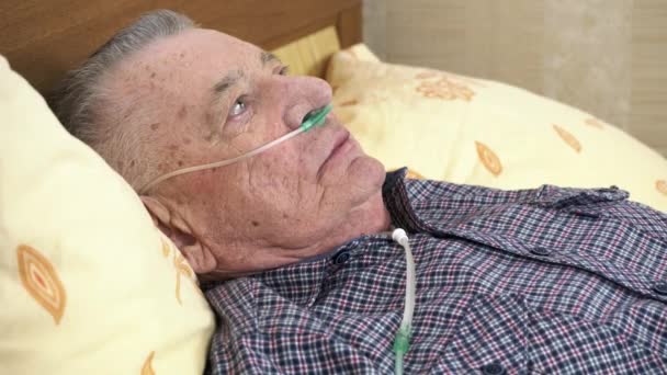 Elderly man is lying in bed at home with a medical oxygen catheter in his nose — Stock Video