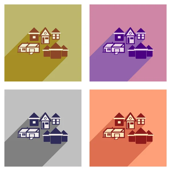 Ensemble d'icônes plates avec longue maison d'ombre — Image vectorielle