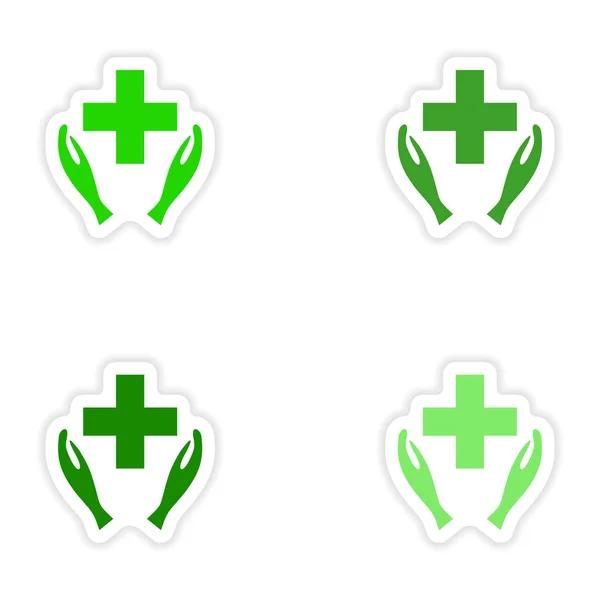 Församlingen realistiska klistermärke design på papper logotyp medicin — Stock vektor