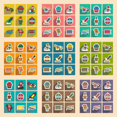 Uzun gölge yeni yıl ve Noel ile düz Icons set