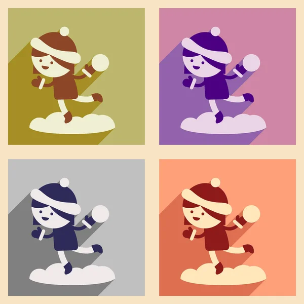 Conjunto de iconos planos con chica sombra larga jugando bolas de nieve — Vector de stock
