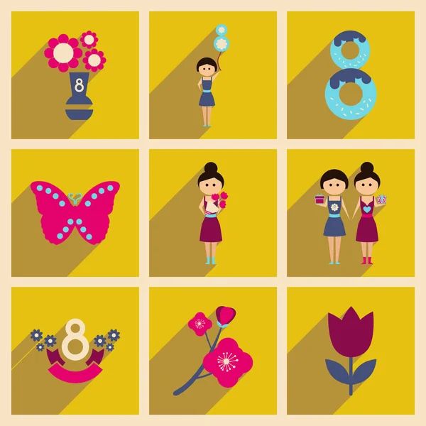Concept d'icônes plates avec ombre longue Journée de la femme — Image vectorielle