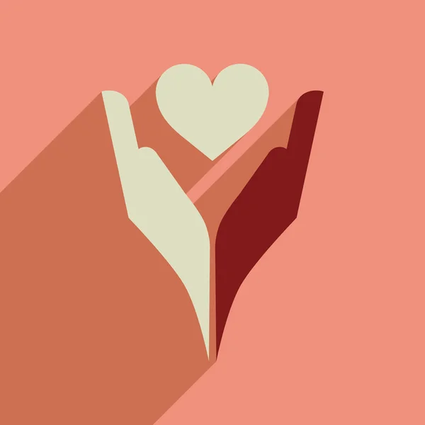 Uzun gölge kalp el ile düz web simgesi — Stok Vektör