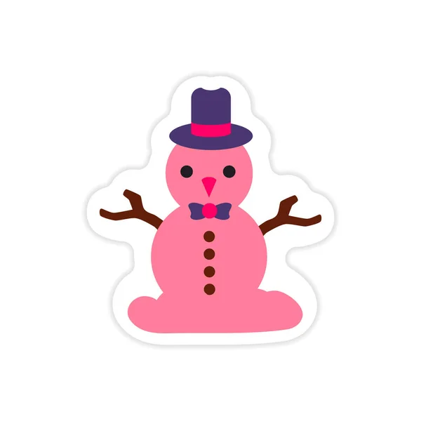 Paper sticker on white background Snowman in hat — Stock Vector