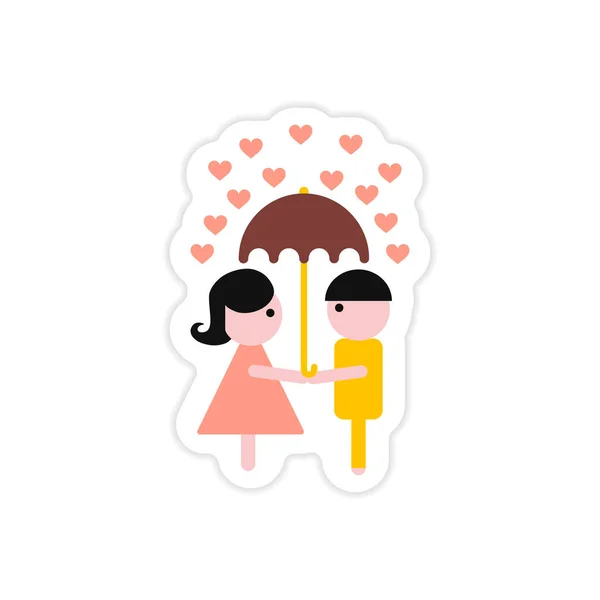 흰색 배경 소년 소녀 우산에 종이 스티커 — 스톡 벡터