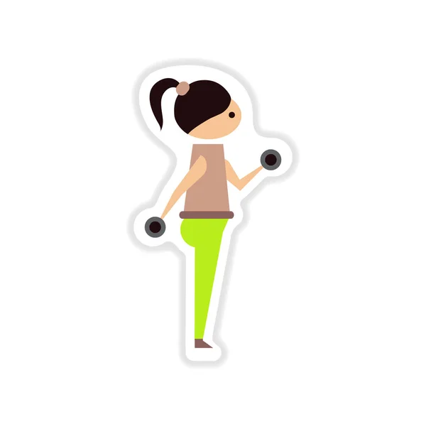 Paper sticker on white background Girl with dumbbells — Stock Vector