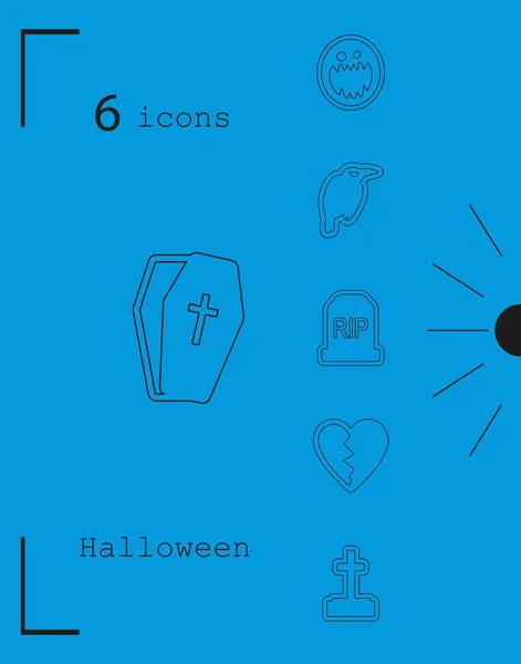 Koleksi 6 ikon halloween. Ilustrasi vektor dengan gaya garis tipis - Stok Vektor