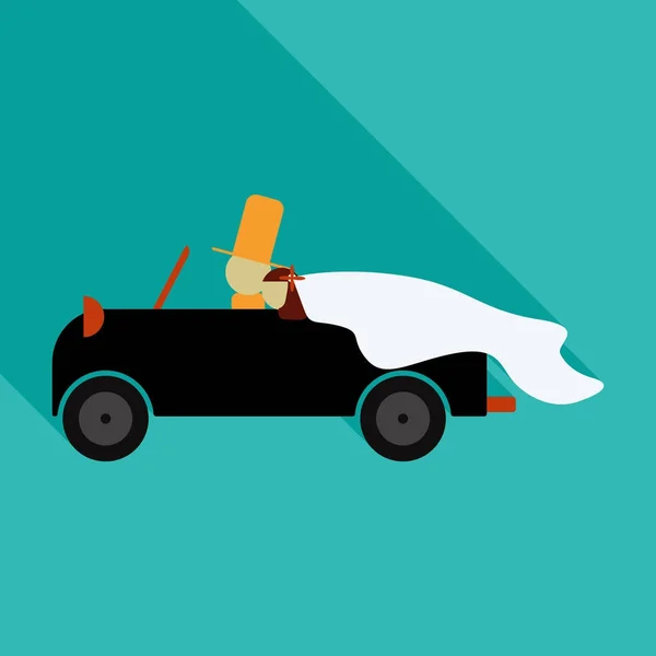La pareja recién casada está conduciendo un coche convertible vintage para su luna de miel con un cartel recién casado y latas adjuntas. Ilustración vectorial de estilo plano aislado sobre fondo blanco . — Vector de stock