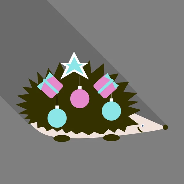 Маленькая счастливая икона ёжика с елочкой и рождественскими украшениями на шее. Векторная иллюстрация с диким колючим животным на белом фоне — стоковый вектор