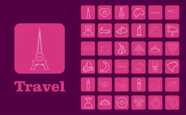 Iconos de Travel Line para Web y Móvil. Iconos de línea delgada. sobre púrpura — Archivo Imágenes Vectoriales