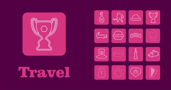 Iconos de Travel Line para Web y Móvil. Iconos de línea delgada. sobre púrpura — Archivo Imágenes Vectoriales