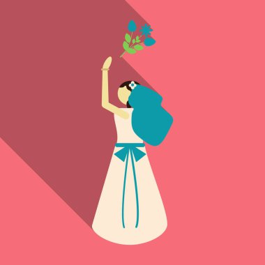 Gelin. Düğün kartı ile mavi bir arka plan üzerine gelin. Bir buket ile gelinlik, gelin. Giysi. Vektör çizim.