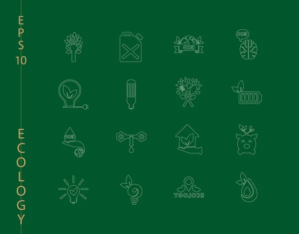 Ícone verde, ecologia e ambiente em formato vetorial. 16 ícones em conjuntos de linhas finas — Vetor de Stock