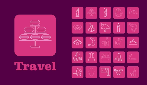 Travel line Icons für Web und Mobile. Thin-Line-Symbole. auf lila — Stockvektor