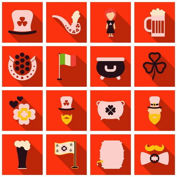 Conjunto de símbolos irlandeses ícones do dia de São Patrício com sombra. Ícones de folheto —  Vetores de Stock