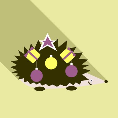 Küçük mutlu kirpi küçük Ladin ve Noel süsleri boynundaki simgesiyle. Beyaz zemin üzerine dikenli hayvanla birlikte vektör çizim