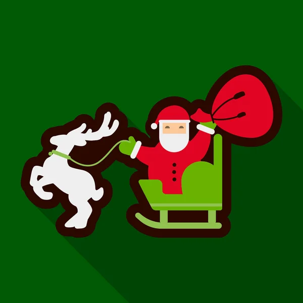 Flache Ikone mit Schatten-Weihnachtsmann im Schlitten — Stockvektor
