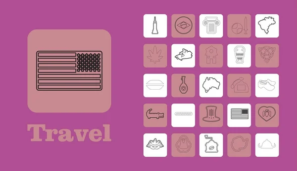 Iconos de Travel Line para Web y Móvil. Iconos de línea delgada. sobre púrpura — Archivo Imágenes Vectoriales