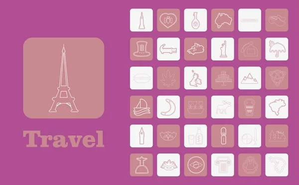 Icônes de ligne de voyage pour le Web et mobile. Icônes de ligne mince. sur le violet — Image vectorielle