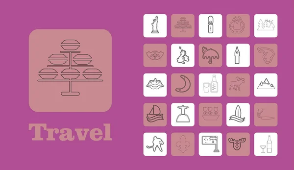 Iconos de Travel Line para Web y Móvil. Iconos de línea delgada. sobre púrpura — Archivo Imágenes Vectoriales