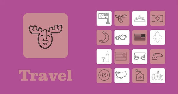 Iconos de Travel Line para Web y Móvil. Iconos de línea delgada. sobre púrpura — Archivo Imágenes Vectoriales
