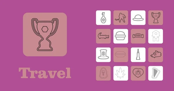 Travel line Icons für Web und Mobile. Thin-Line-Symbole. auf lila — Stockvektor