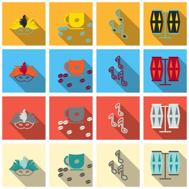 Brezilya simgeler koleksiyonu. Vektör çizim simgelerle toucan, karnaval kılık ve trendy düz stil dahil olmak üzere Brezilya kültür ve doğa,.