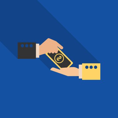 İşadamı el beyaz veren örtmek, rüşvet vermek için temsil eden, para, iş, sözleşme, anlaşma başarısında yapma işe vermek. Gölge ile düz tasarlamak.