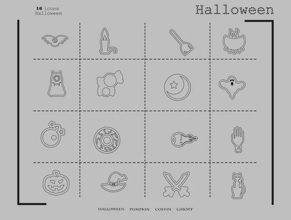 Sammlung von 16 Halloween-Ikonen. Vektorillustration im Dünnlinienstil — Stockvektor