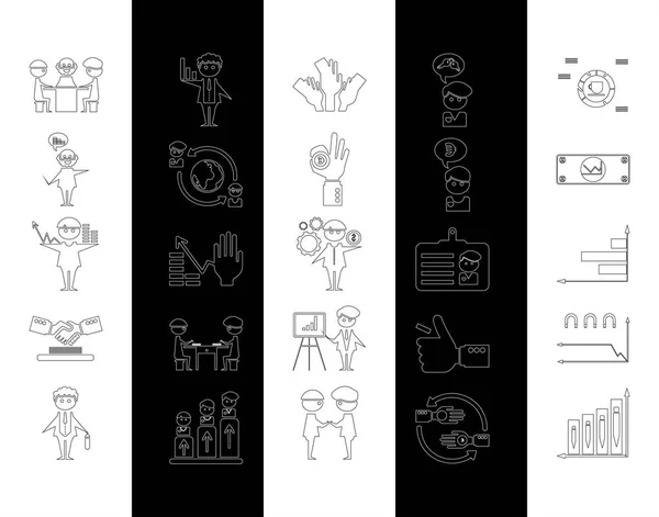 Conjunto de iconos web de esquema: dinero, finanzas, pagos con silueta humana en blanco negro — Archivo Imágenes Vectoriales
