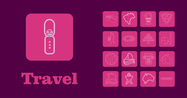 Travel line Icons für Web und Mobile. Thin-Line-Symbole. auf lila — Stockvektor