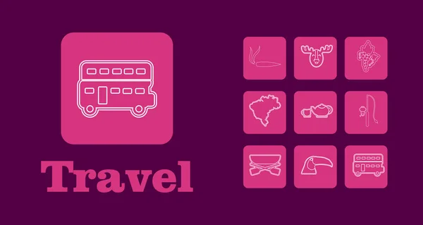 Travel line Icons für Web und Mobile. Thin-Line-Symbole. auf lila — Stockvektor