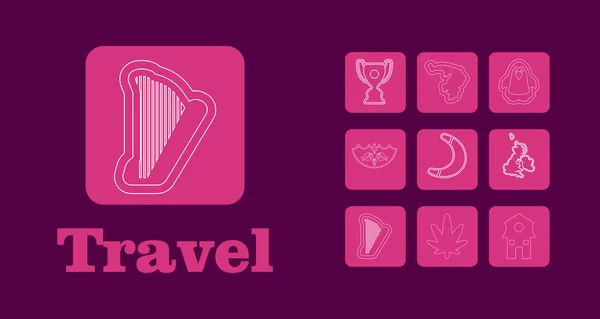 Icônes de ligne de voyage pour le Web et mobile. Icônes de ligne mince. sur le violet — Image vectorielle