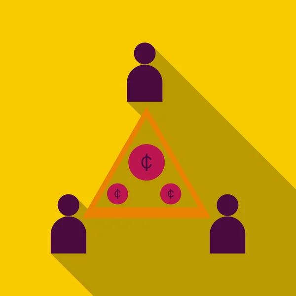 Hombre de negocios isométrico plano en la parte superior de la pirámide de monedas. La gente trae y da monedas a la ilustración del vector del negocio. Pirámide financiera — Vector de stock