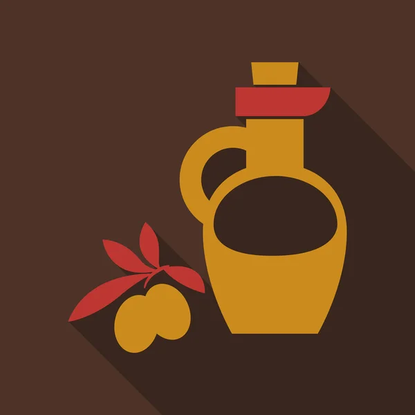 Aceite de oliva en una botella de vidrio con mango y corcho y aceitunas con hojas, ilustración vectorial realista . — Archivo Imágenes Vectoriales