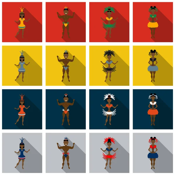 Conjunto de bailarines brasileños de samba y máscaras de carnaval. Vector chicas de carnaval con un disfraz de festival está bailando . — Vector de stock