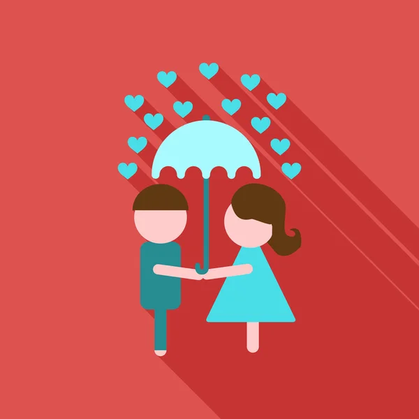 Ungt par i kärlek under paraply på hjärtan dekorerade bakgrund, vektor för glad Alla hjärtans dag firande. — Stock vektor