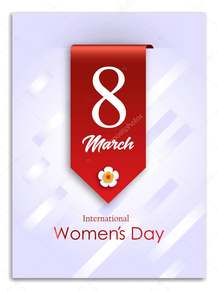 Vector 8 March Womens Day greeting card on blurred background postcard. Perfect as invitation or announcement.