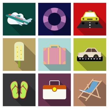 Planlama bir yaz tatili, turizm ve yolculuk nesneleri ve yolcu Bagaj uçakta seyahat uzun gölge efekti ile düz Icons set.