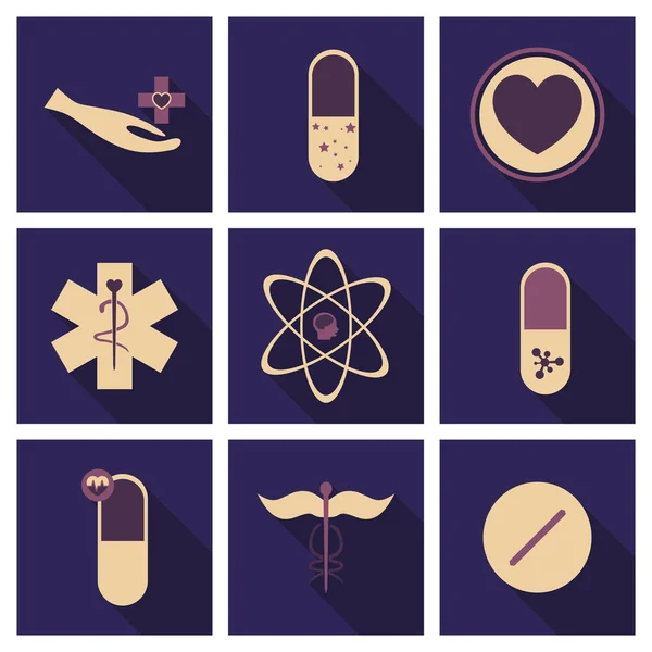 Medicina, farmácia, conjunto hospitalar de medicamentos com rótulos. Medicação, conceito farmacêutico. Ilustração vetorial — Vetor de Stock
